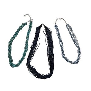 Vintage 80s 90s Blue Beaded Necklace Trio Turquoise Chips, Glass Seed Faux Pearl